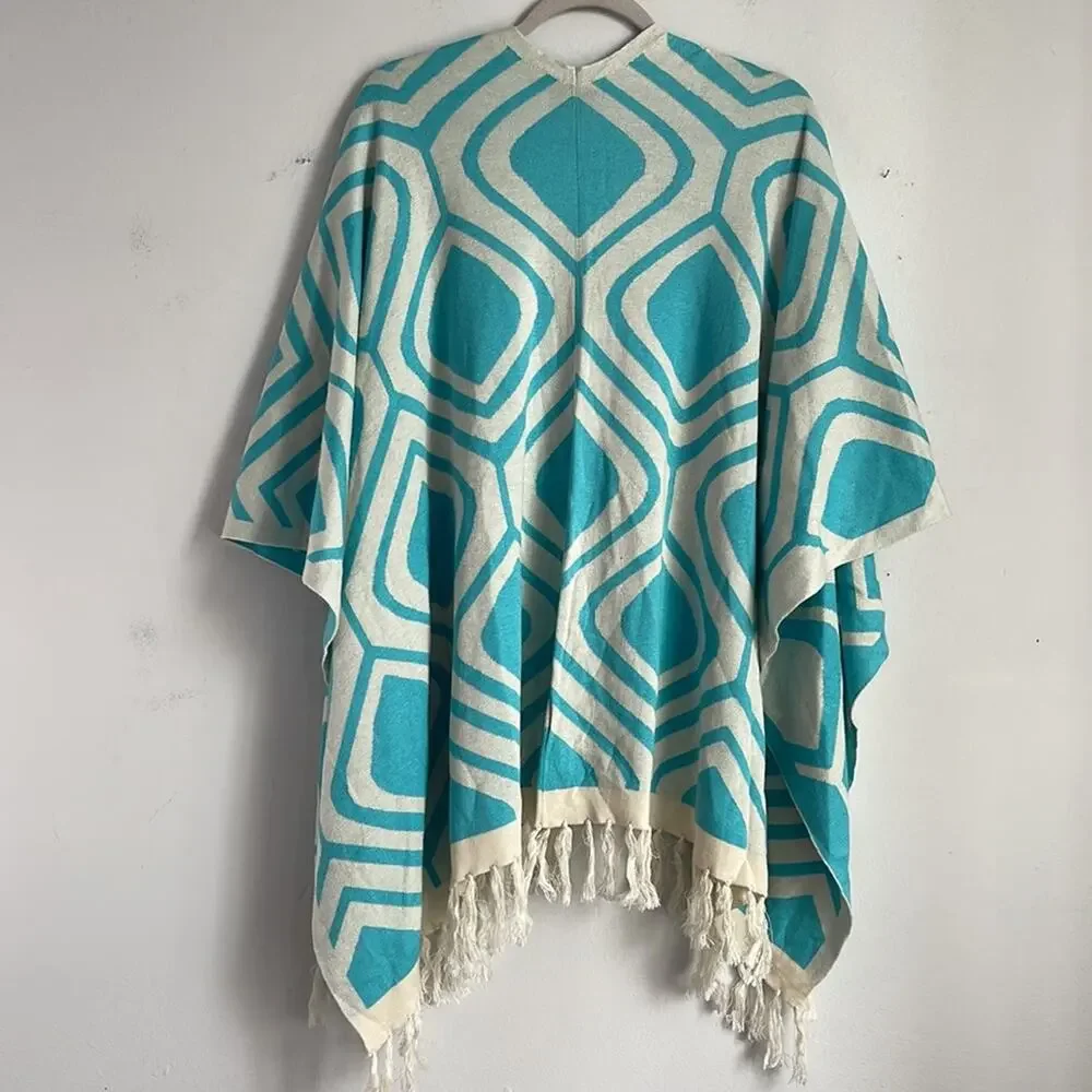 Islefield silk cashmere blend fringe hem knit sweater open front poncho wrap